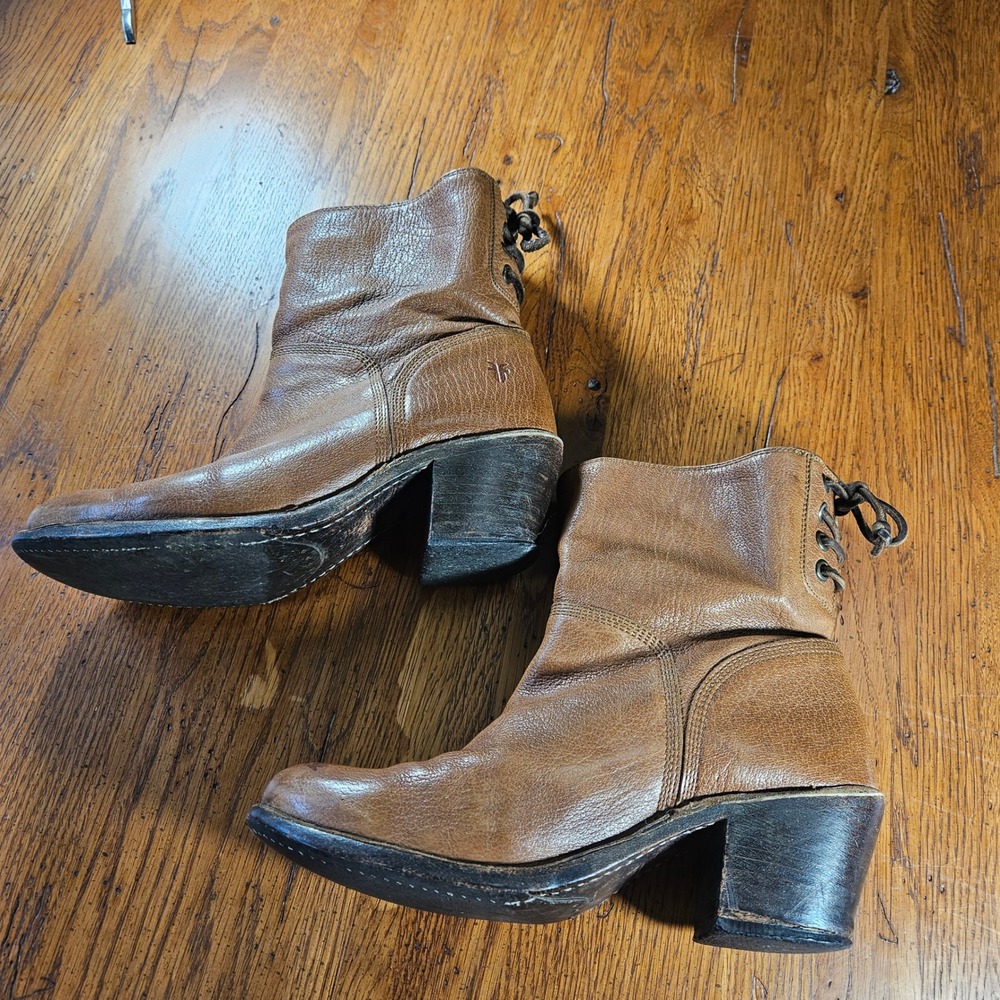 Frye Carmen Leather Boots Back Lace Up Block Heel Brown Ankle Booties Womens 7.5 - Picture 5 of 12